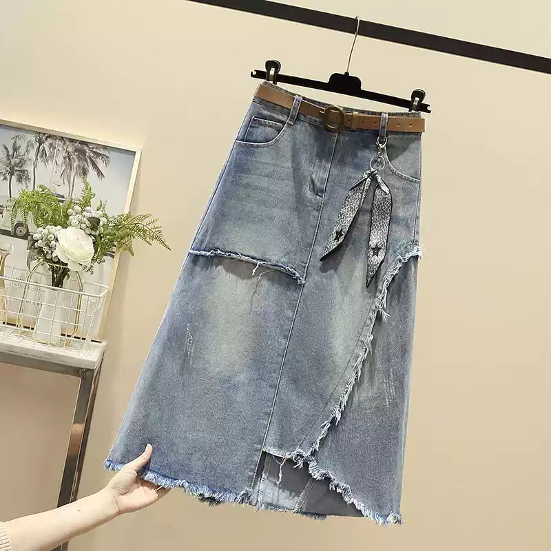 Irregular High Waist Denim Skirt - Slimming & Hip-flattering