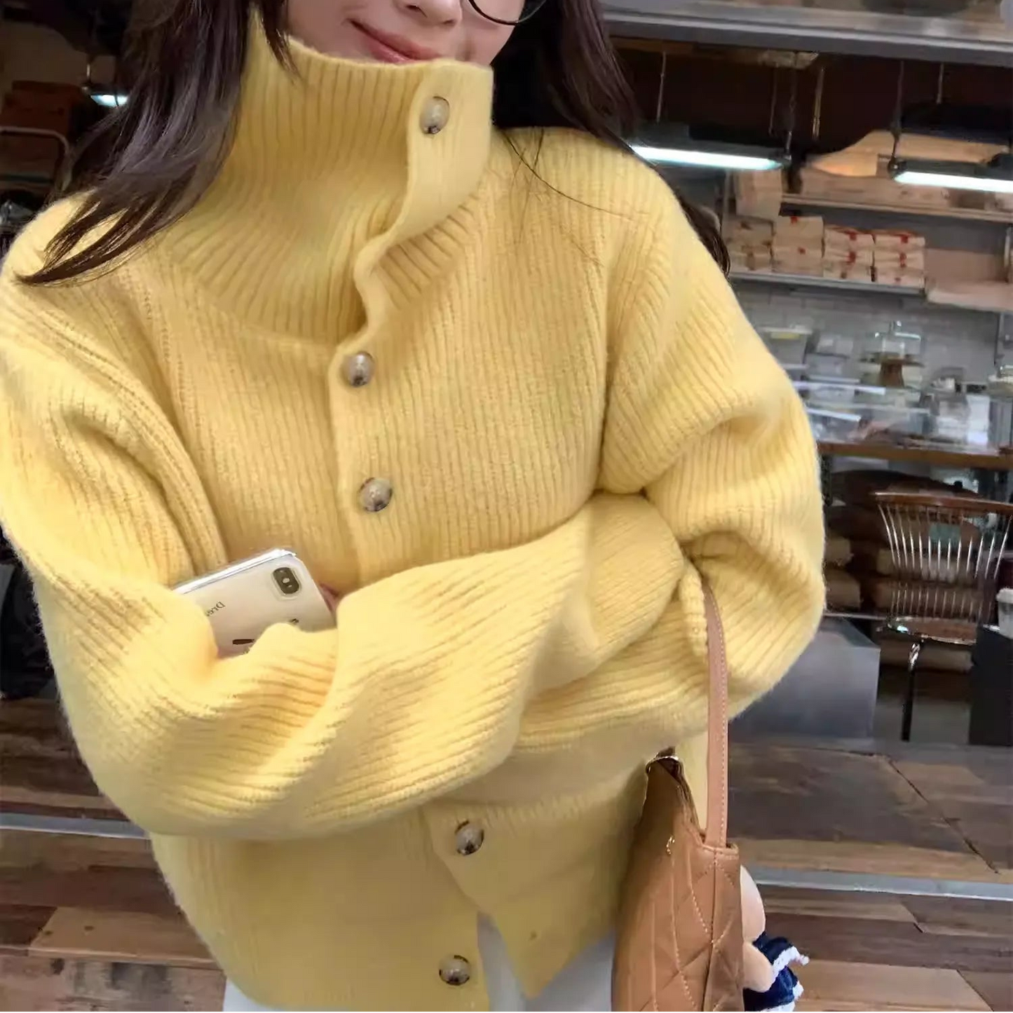 Retro Lapel Turtleneck Cardigan Women Loose Elegant Knit Outerwear Top