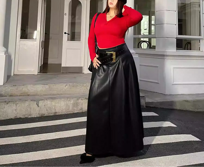 Plus Size Black PU Leather Skirt Draped Slim Skirt