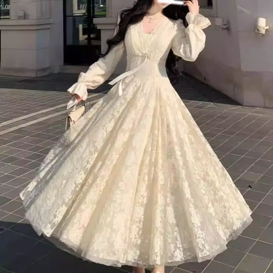 Fall Winter New Sexy V-neck Lace Dress