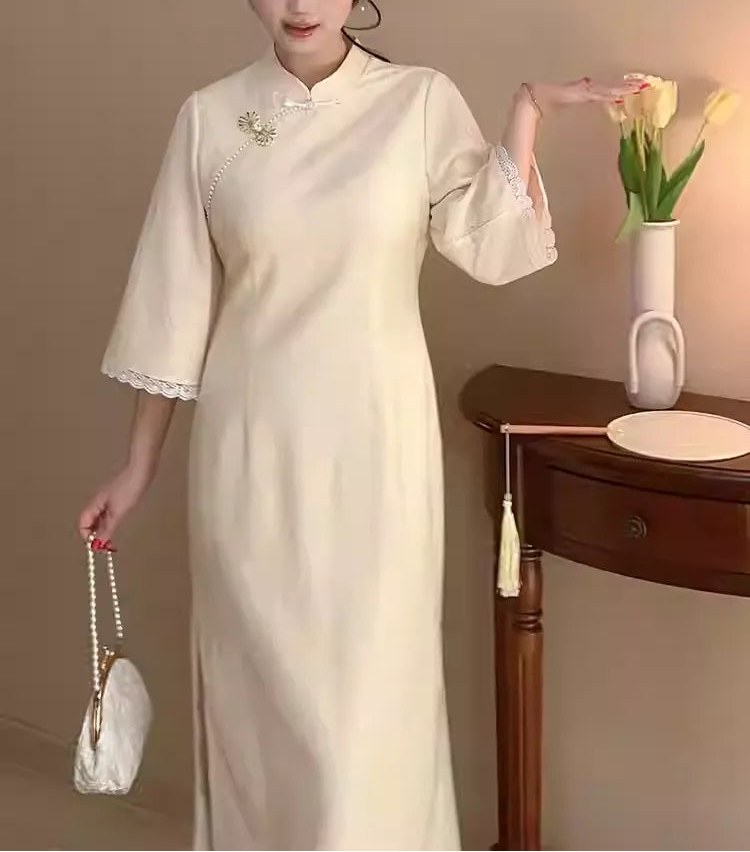 Plus Size Cream Yellow Lace Flared-Sleeve Retro Chinese Qipao