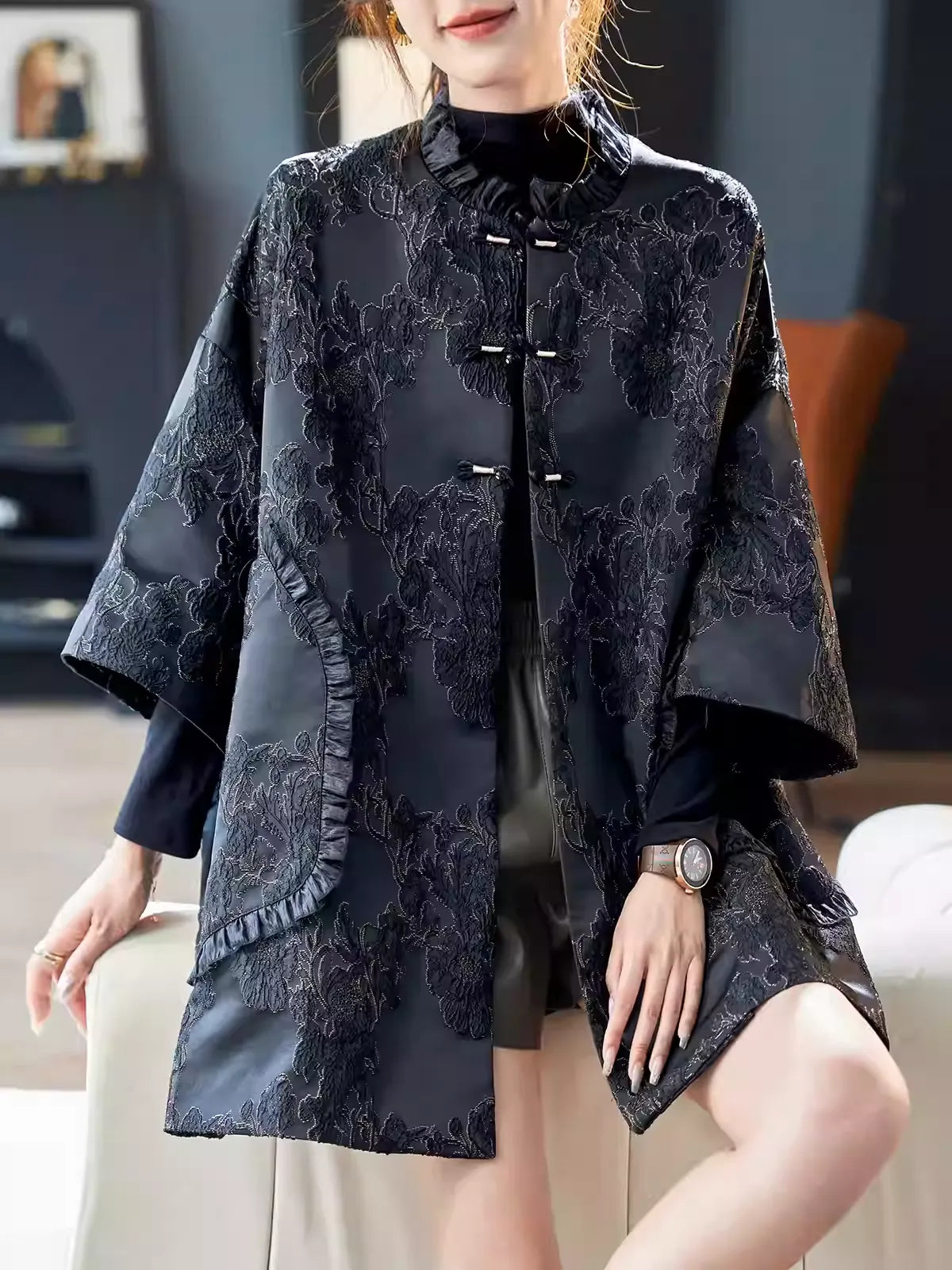 Batwing Sleeve Metallic Thread Jacquard Coat