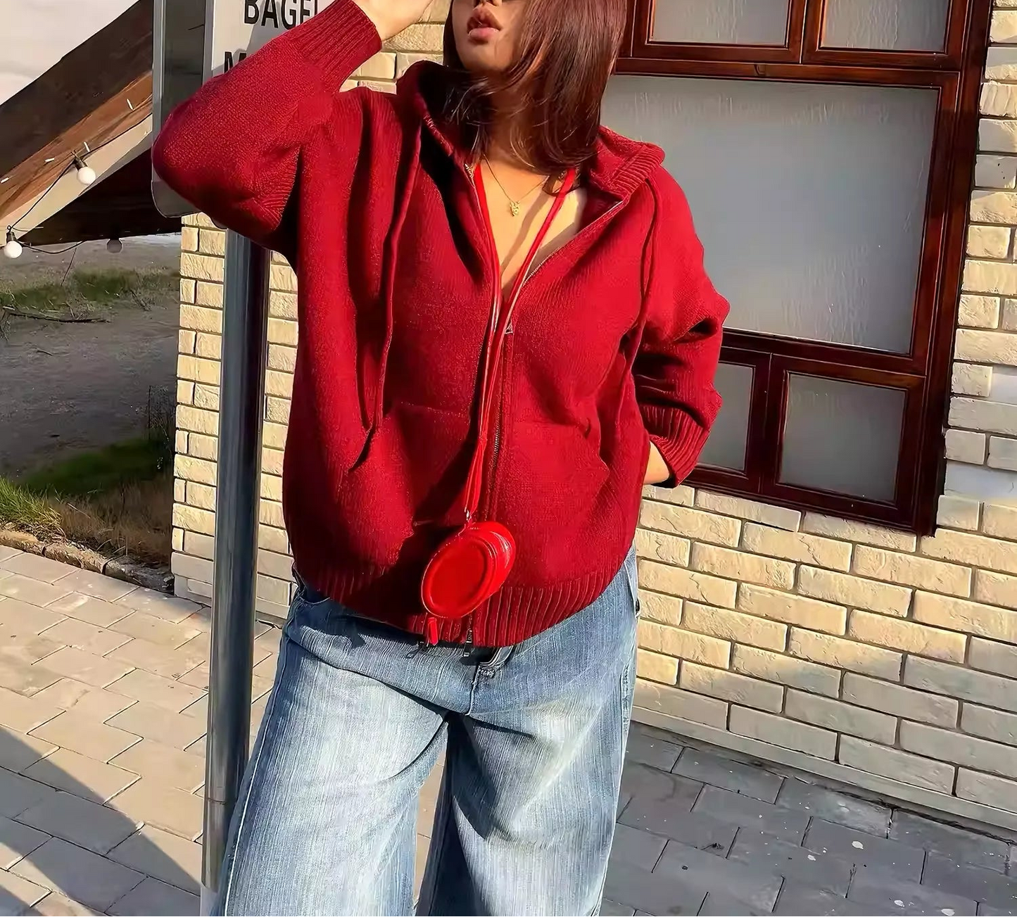 Plus Size Double Zipper Red Outerwear