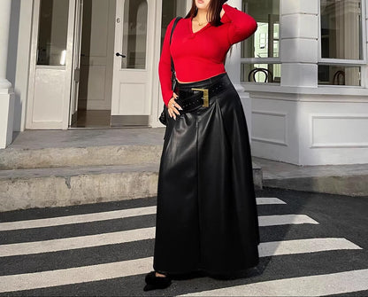 Plus Size Black PU Leather Skirt Draped Slim Skirt