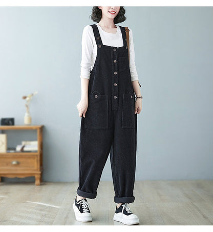 Retro Lazy Corduroy Overalls Winter Loose Slim Suspender Jumpsuit