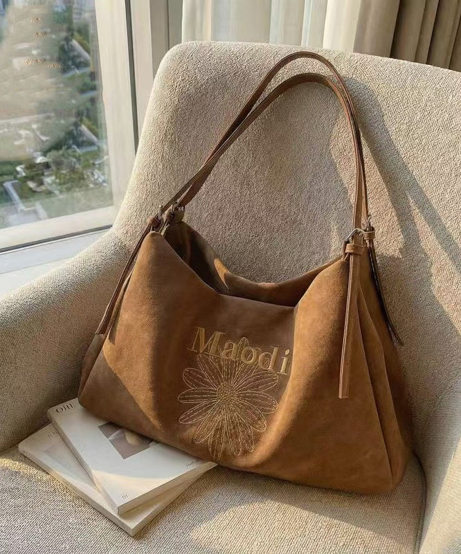 Classy Brown Embroidered Flower Letter Faux Leather Women Handbag