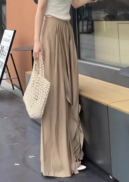 French Khaki Ruffled Patchwork Cotton Wide Leg Pants Summer