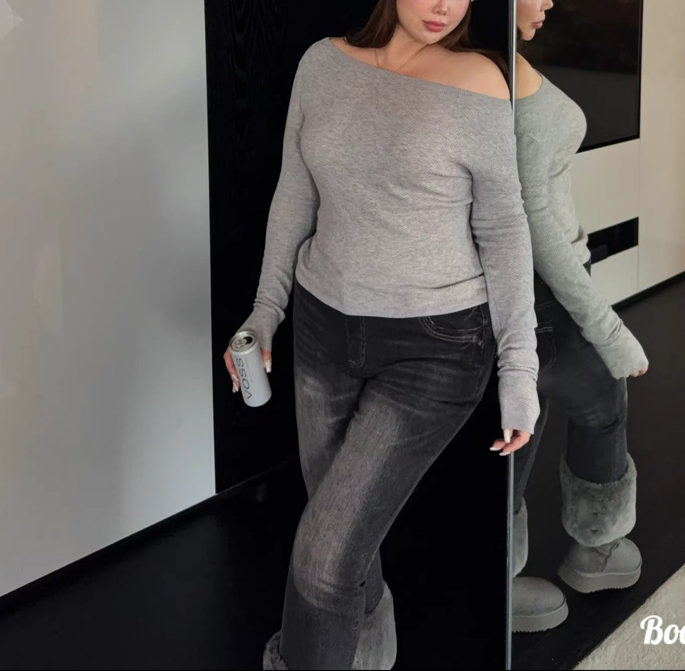 Plus Size Off-Shoulder Herringbone Knit Top