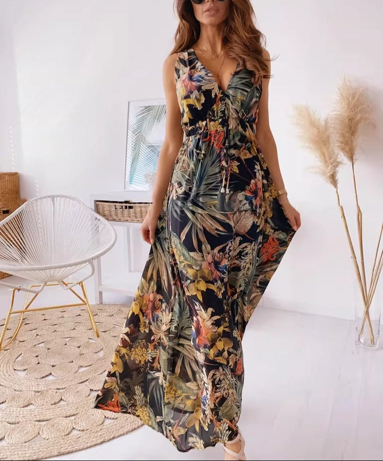 European American Style V-Neck Backless Tie Waist Printed Sundress