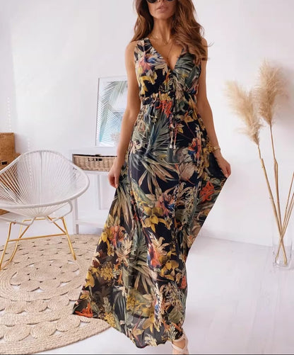 European American Style V-Neck Backless Tie Waist Printed Sundress