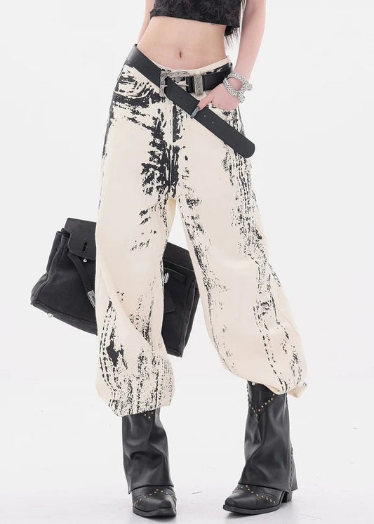Art Apricot Print Pockets High Waist Denim Pants Fall
