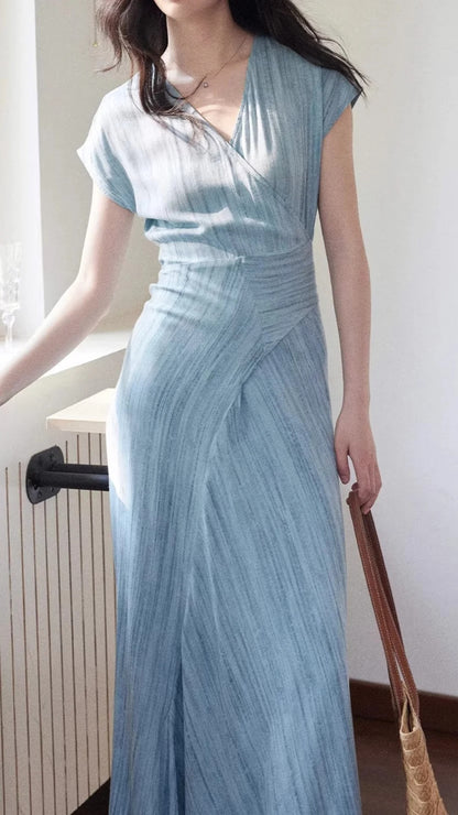 Elegant Light Blue V Neck Wrap Ruched Waist Short Sleeve Midi Dress