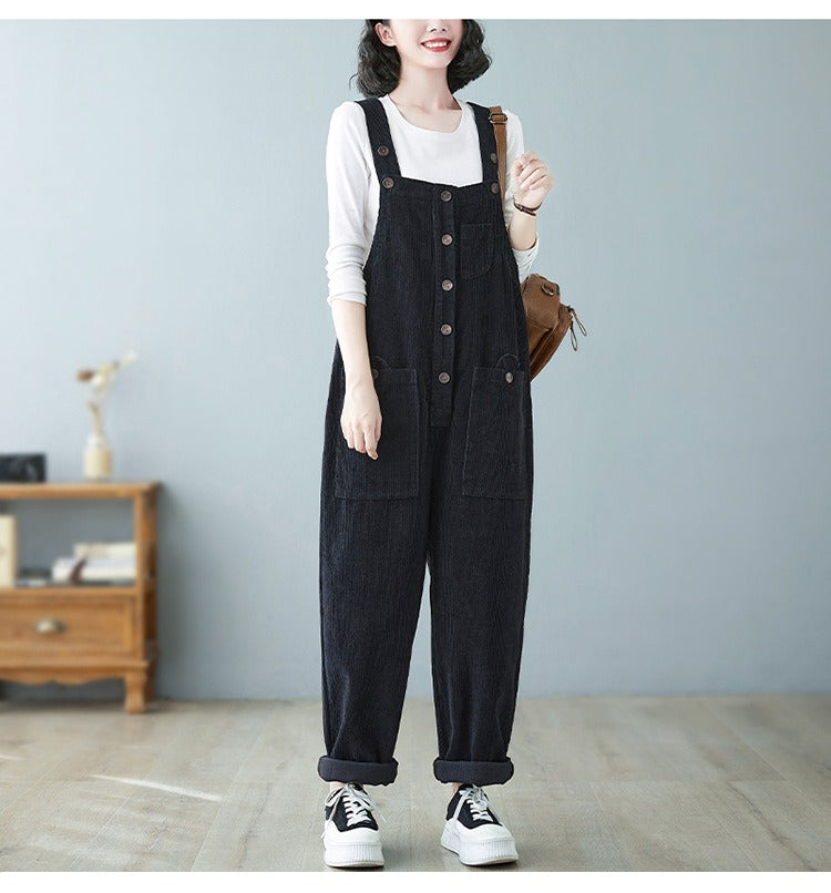 Retro Lazy Corduroy Overalls Winter Loose Slim Suspender Jumpsuit
