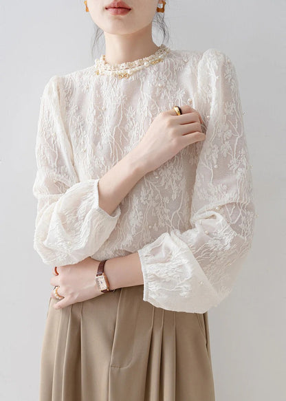 Apricot Jacquard Chiffon Shirt Tops Nail Bead Spring