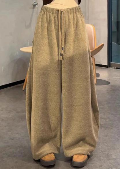 Classy Khaki Oversized Drawstring Cotton Pants Winter