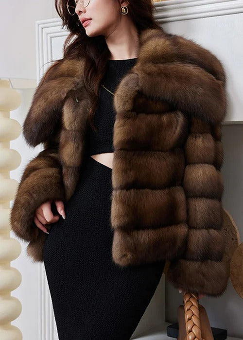 French Brown Peter Pan Collar Striped Mink Hair Coats Winter