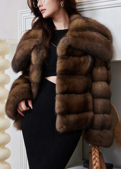 French Brown Peter Pan Collar Striped Mink Hair Coats Winter