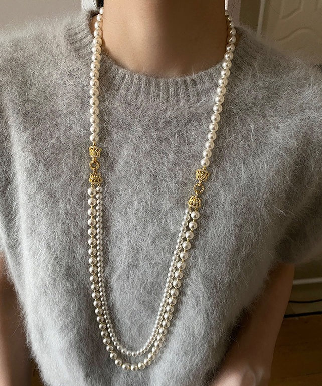 Light Luxury White Double-Layer Layered Long Pearl Necklace