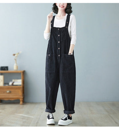 Retro Lazy Corduroy Overalls Winter Loose Slim Suspender Jumpsuit