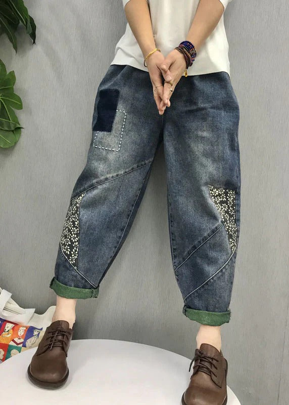 Organic Blue patch applique denim Pants Spring