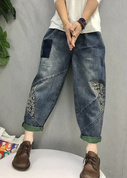 Organic Blue patch applique denim Pants Spring