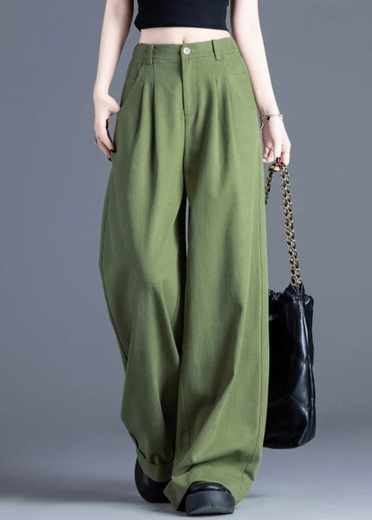 Vintage Tea Green Elastic Waist Cotton Wide Leg Pants Spring