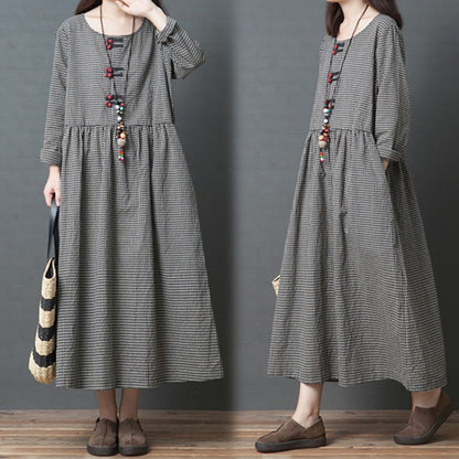 2026 New Women's Cotton-Linen Dress Loose Plus Size Checkered Midi Dress