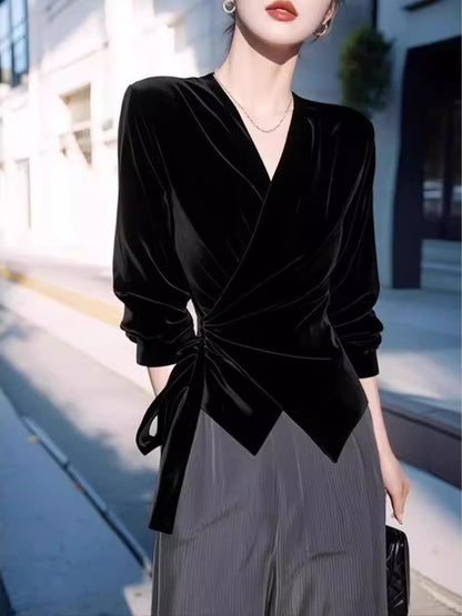 Women's Black Velvet V-Neck Long Sleeve Blouse Versatile Casual Office Top