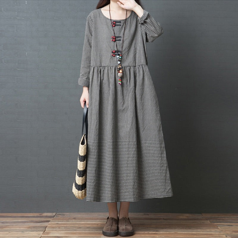 2026 New Women's Cotton-Linen Dress Loose Plus Size Checkered Midi Dress
