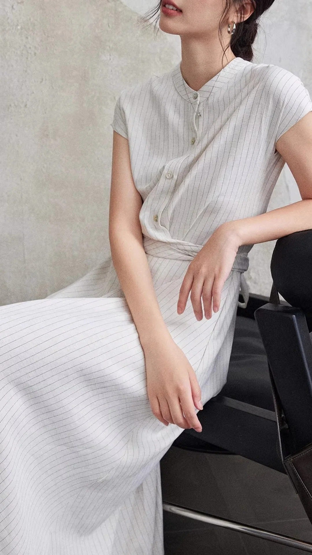 Light Gray Striped Stand Collar Button Front Cap Sleeve Waist Tie Maxi Dresses Summer