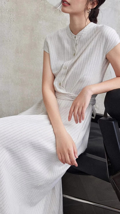 Light Gray Striped Stand Collar Button Front Cap Sleeve Waist Tie Maxi Dresses Summer