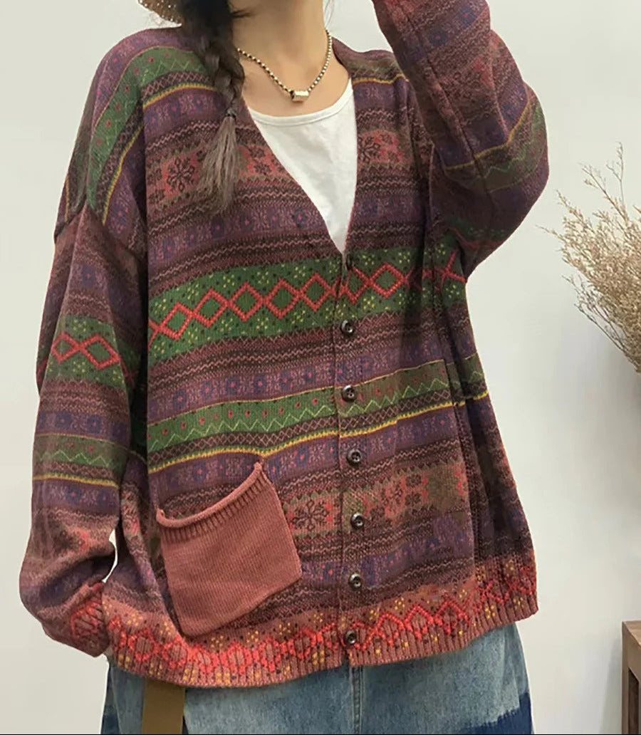 Retro Printed Knit Cardigan Loose V-Neck Long Sleeve Open Front Top