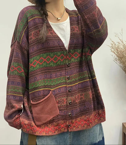 Retro Printed Knit Cardigan Loose V-Neck Long Sleeve Open Front Top