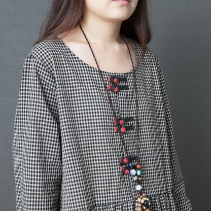 2026 New Women's Cotton-Linen Dress Loose Plus Size Checkered Midi Dress