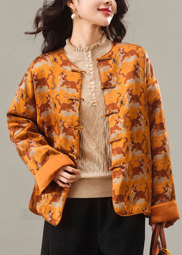 Chinese Style Yellow Print Fine Cotton Filled Silk Jacket Winter