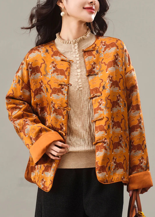 Chinese Style Yellow Print Fine Cotton Filled Silk Jacket Winter