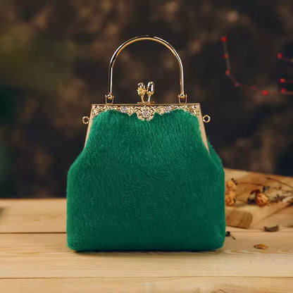 Top Handle Golden Fur Handbag – Women's Spacious