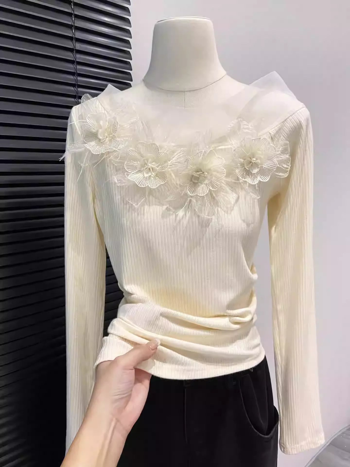 Women's 3D Floral Lace Mesh Long Sleeve Top