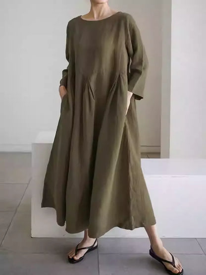 Luxury High-End Linen Spring & Autumn Flared Hem Babydoll Maxi Dress
