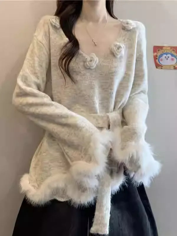 New High-End 3D Floral Knit Sweater