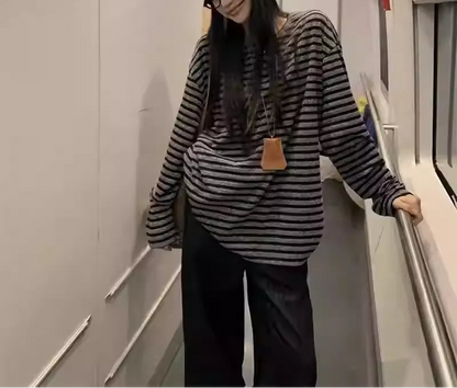 Black and Gray Striped Long Sleeve T-Shirt