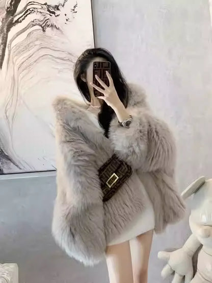 New Winter Luxury Hooded Faux Fox Fur Overcoat