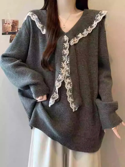 New Sweet Youthful Lace Patchwork Sailor Collar Sweater