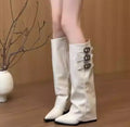 Pointed Toe Wedge Heel Slouchy Pleated Knee Boots