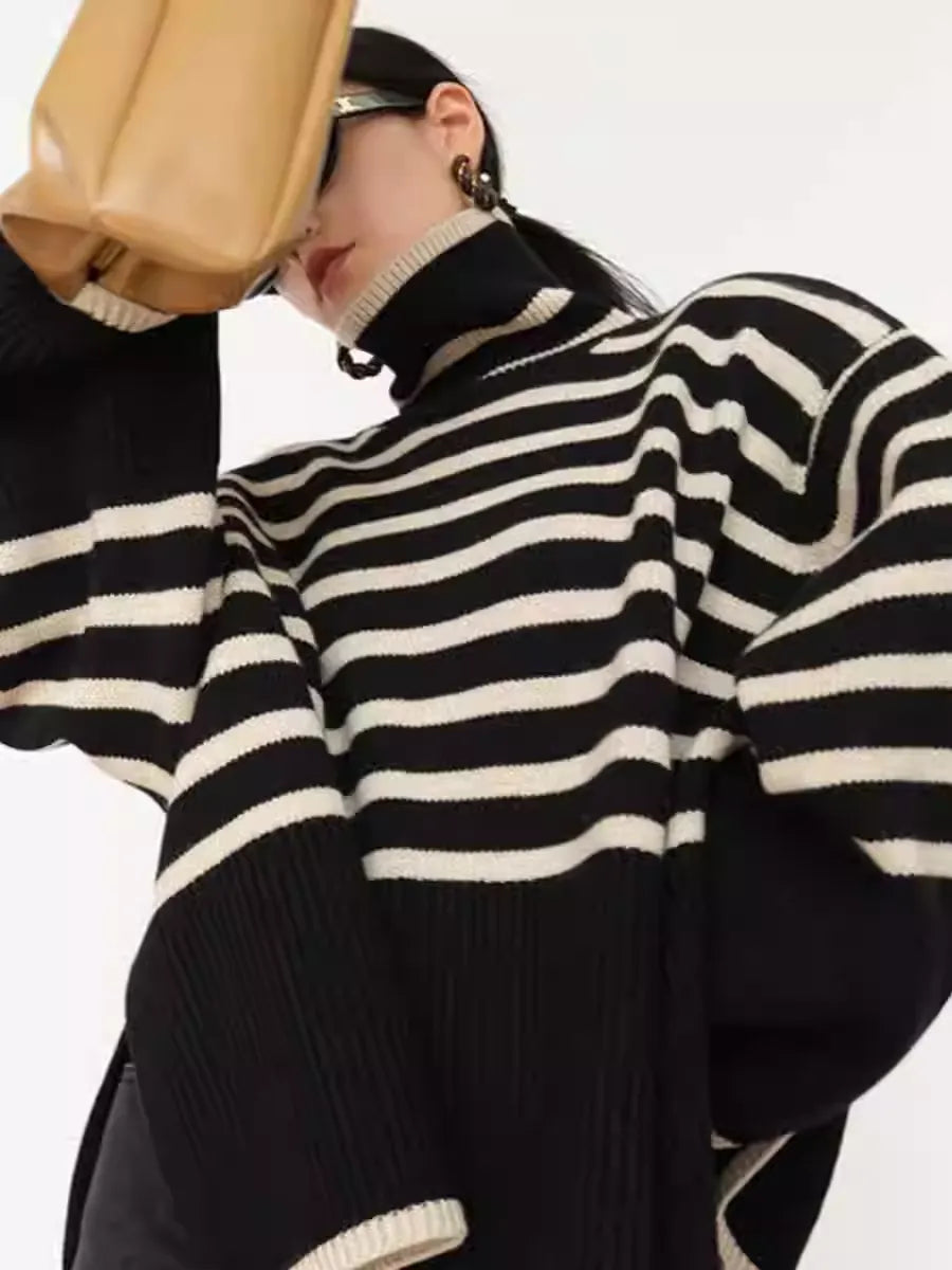 Women's Black & White Stripe Loose Fit Knit Sweater New Arrival