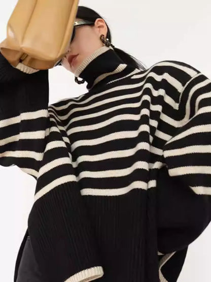 Women's Black & White Stripe Loose Fit Knit Sweater New Arrival
