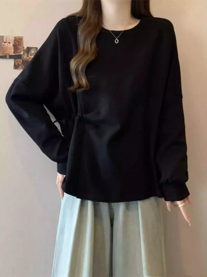 Plus Size Solid Color Ruched Tie Front T-shirt, Loose Tummy Hide Top