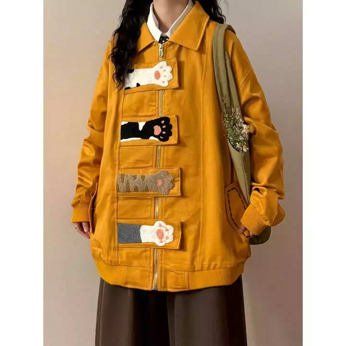 Unisex Streetwear Playful Cat Paw Towel Embroidery Design Jacket New Arrival