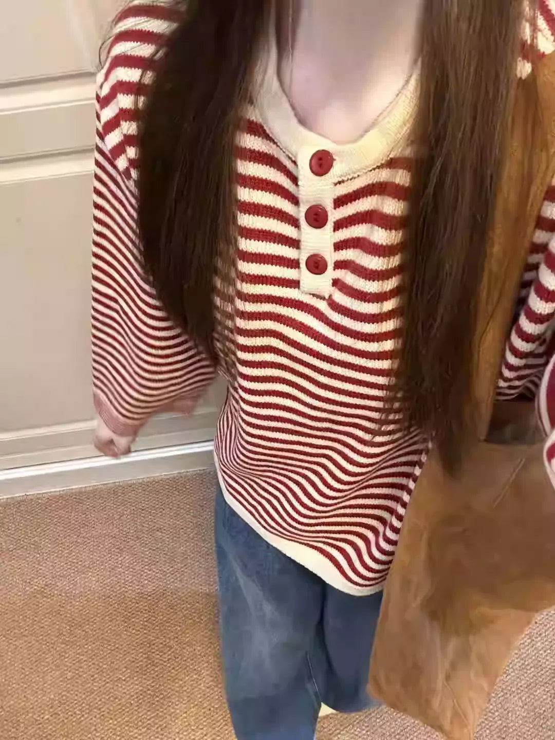 Red Striped Color Block Knit Top