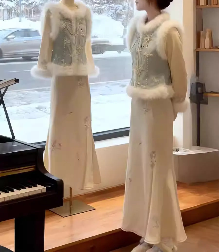 A two-piece set featuring Chinese-style vest and cheongsam skirt.